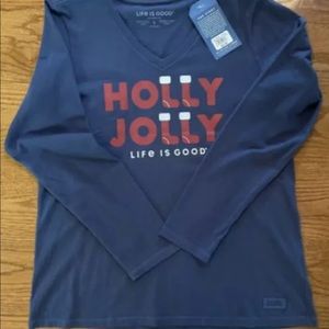 XSOLDX NWT Women Life Is Good Holly Jolly Holiday Large L V-Neck Long Navy